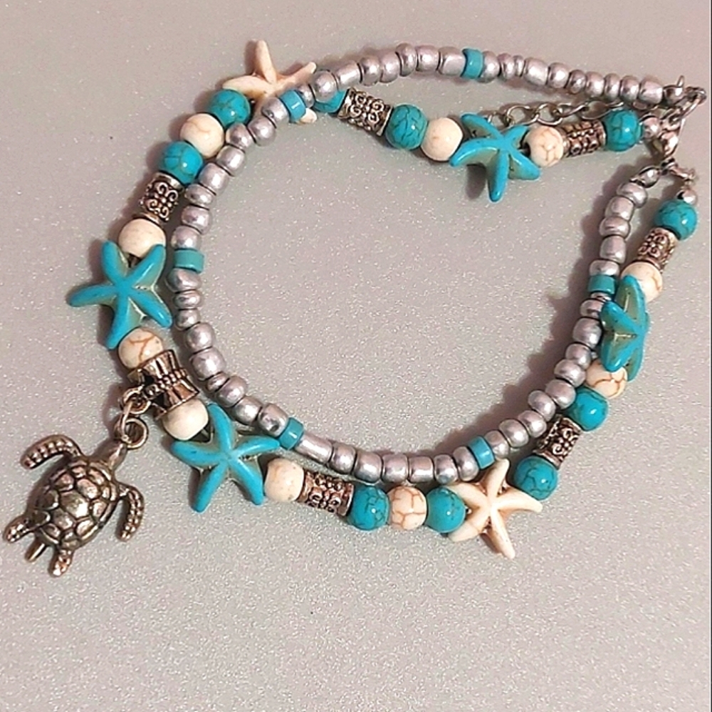 Beach Turtle Anklet Bracelet Starfish SilverTone Metal Beads blue ivory NEW NIP